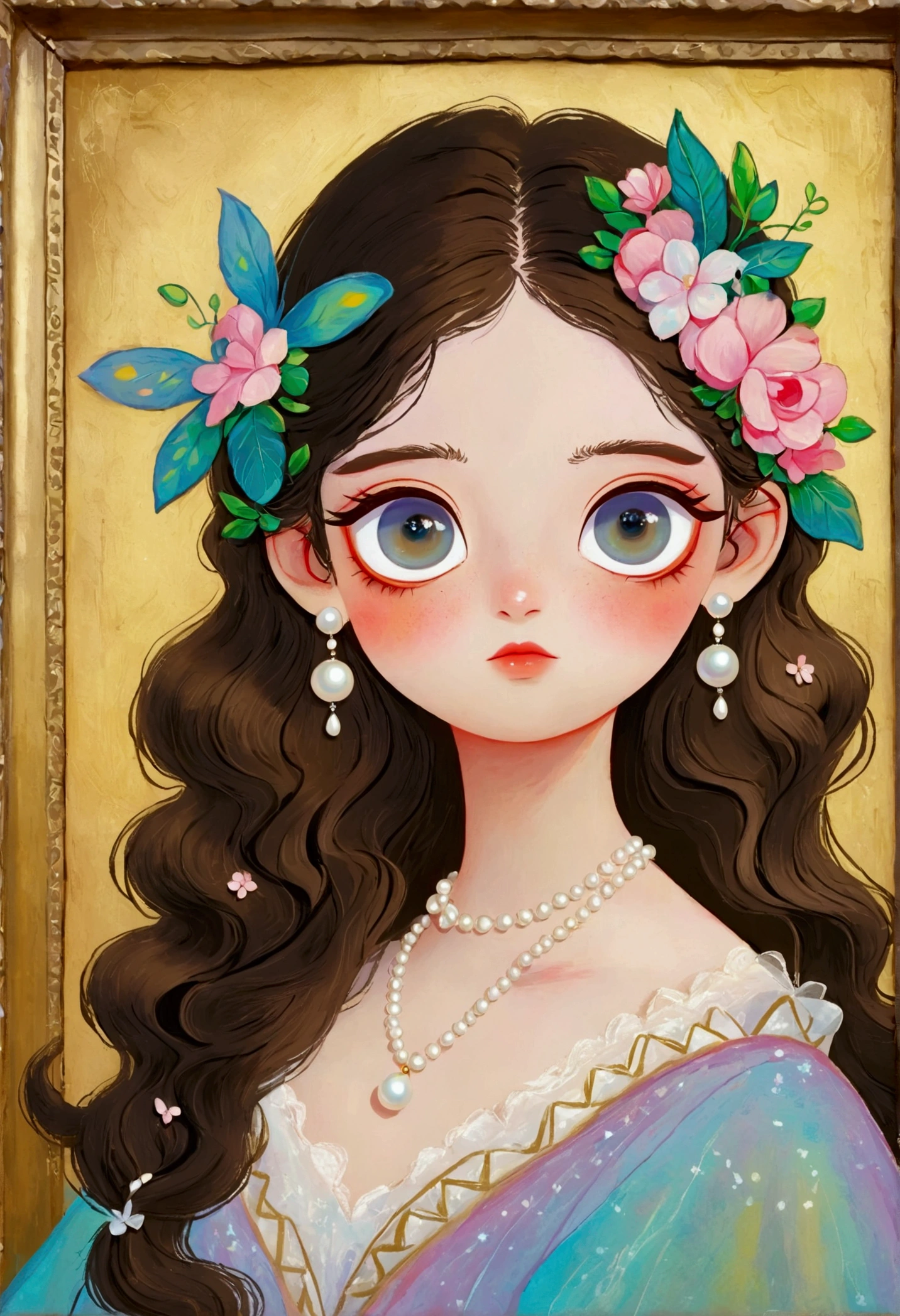 A painting，Pastel Art。Q version，Girl with a pearl necklace，big eyes，Leonardo da Vinci Art