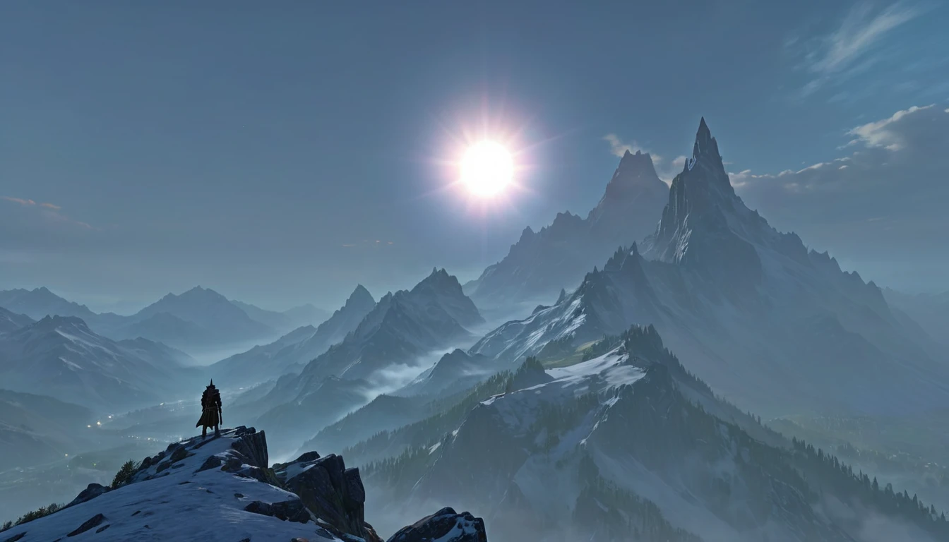 (anime, fantasy, medieval village), (best quality, highres, HDR:1.2), vibrant colors, detailed landscape, intricate, there is a man standing on a mountain top with a dimmed sun in the sky, terragen, epic scenery, zenithal view, hazy sun and mystical, skyrim setting, solitude seen in the distance, epic wide sky and horzon, dramatic scenery, misty mountains, mountainscape, volumetric clouds and fog