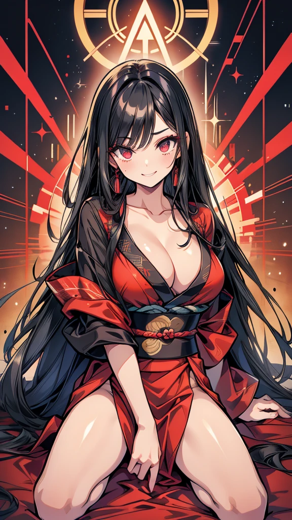 Early 20s　Adult female　Straight Long Hair　Black Hair　tall　Narrow eyes　Sexy smile　Blackheads under the eyes　Deep red long kimono　Cleavage　Takageta　slit　battlefield