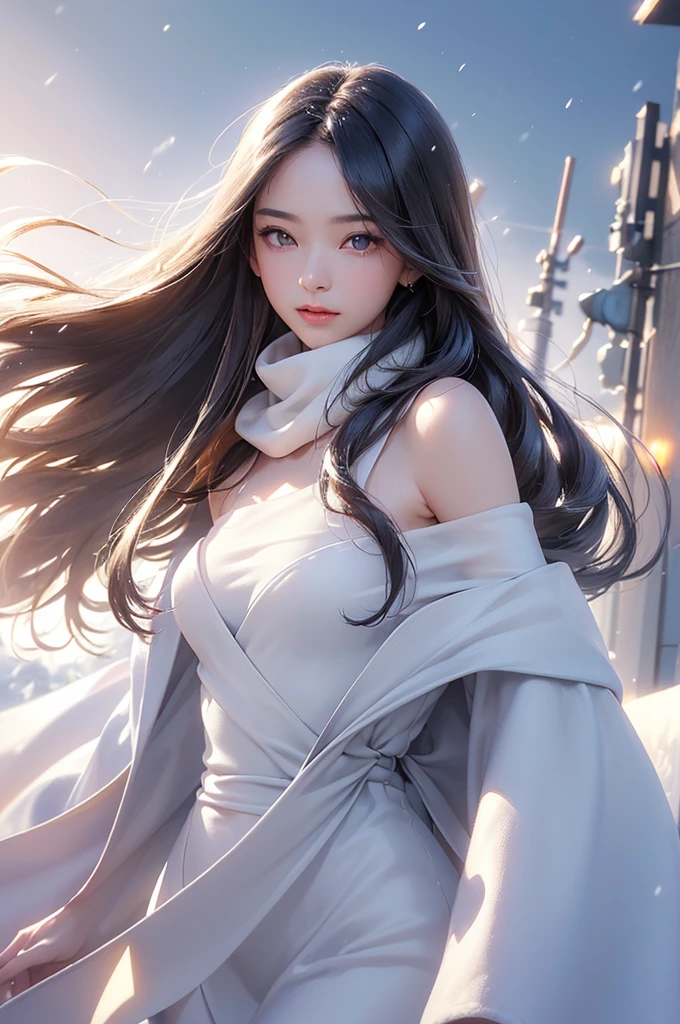 ((masterpiece:1.5、8k、Portraiture、フォトリアリスティックでVery detailedなCG、Very detailed、Particle Effects、Dynamic Effects、Shallow depth of field、Cinematic Light、Lens flare、Ray Tracing、Tabletop、Realistic:1.4、Ultra-high resolution:1.2、Realistic、Realistic))((alone、,A woman wearing a cashmere coat over an off-the-shoulder dress:1.4、wear a long scarf、Elegant woman posing、Detailed face、bright表情、young, bright, Whiter skin、Ample breasts、Best Looks、Ultimate beauty、Shiny silver hair with highlights、bright and shiny hair,、Super long, Silky straight hair、Hair dancing in the wind))(morning、The setting is outdoors in the snow、Surrounded by illuminations)
