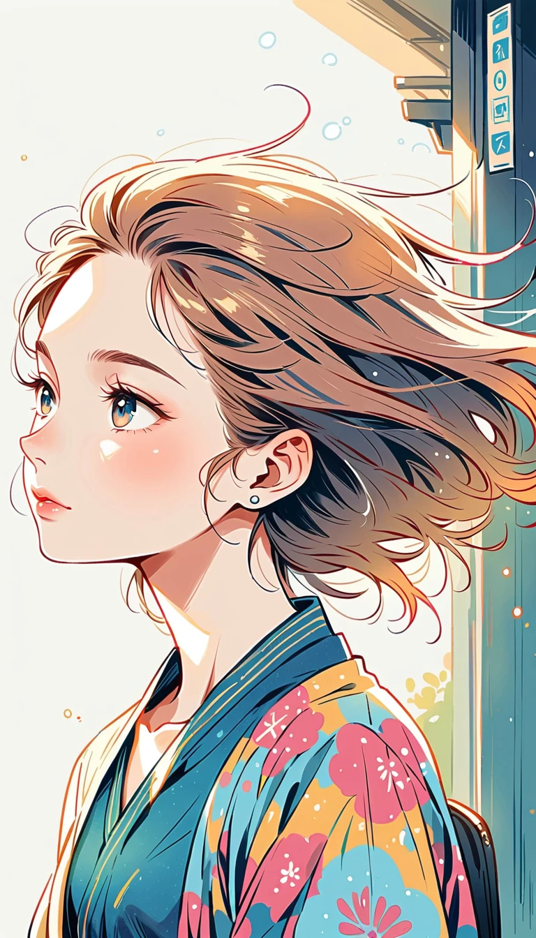 Watase Seizo style, Simple line initials，shining pupils, Well-groomed hair, Precise Representation, (train station), (((The Most Beautiful Girl))), vivid colors, vivid colors, 8k, 