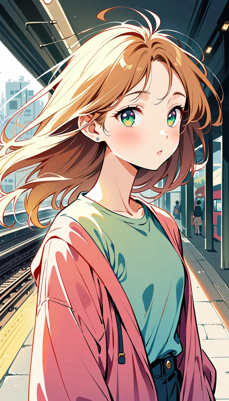 Watase Seizo style, Simple line initials，shining pupils, Well-groomed hair, Precise Representation, (train station), (((The Most Beautiful Girl))), vivid colors, vivid colors, 8k, 