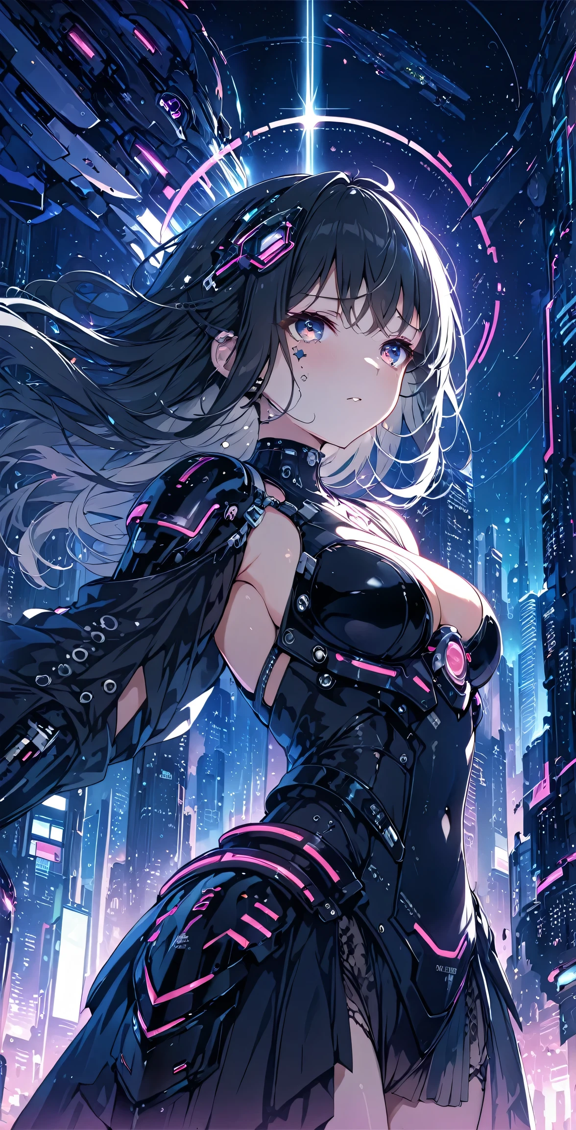 Highest quality ,masterpiece, number, Very delicate and beautiful, Very detailed ,CG ,Unity ,8k wallpaper, wonderful, finely, masterpiece,Highest quality,Official Art,Very detailed CG Unity 8k wallpaper,Confused, incredibly Confused, Super detailed, High resolution, Very detailed,Beautiful and meticulous girl,The light shines on your face, 1 girl, Mecha, armor, Mechanical_body, Black Hair, Spaceship, city, cyber punk, star_invalid,