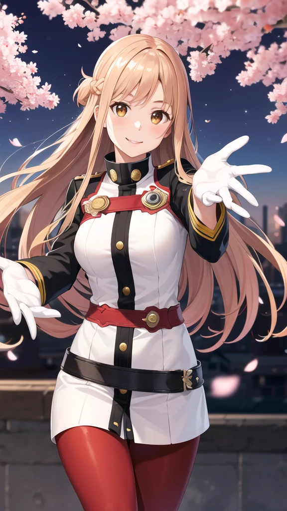 masterpiece, best quality, highres, ccasuna, long hair, brown hair, brown eyes, uniform, jacket, long sleeves, white gloves, belt, red pantyhose, cherry blossoms, night, reaching out, smile, petal