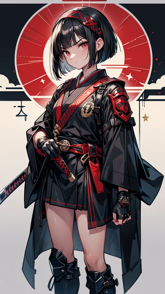 mature Bobcut Black Hair expensive Narrow eyes Glaring at me Glare frivolous attitude Black Sailor Suit Japanese Armor Wear a headband around your forehead tiny hand Hand guard gloves Black boots Holding a Japanese sword battlefield