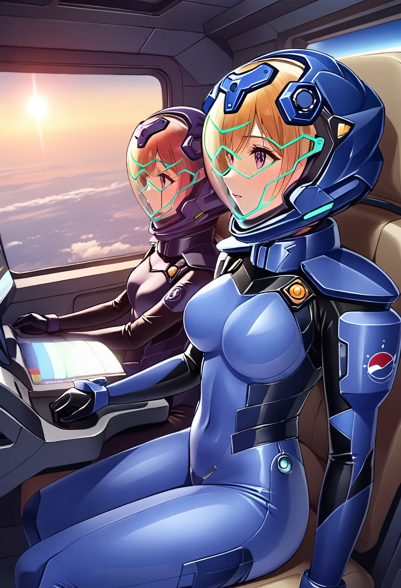 ((Female pilot in the cockpit of a reconnaissance plane), (airplane cockpit), (in flight), (10000 feet altitude)、(sky view):1.7),, short hair, street, emo, BLACK hair, white eyes, eyeliner, apocalypse, 2girl, nside the (cockpit:1.9) of a (futuristic spaceship:1.6), , blush covered navel, space helmet, muvluv, space helm, plug suit , space helmet, eva helm, space suit, short hair,  blue bodysuit, visor helmet, , 2girl, white hair