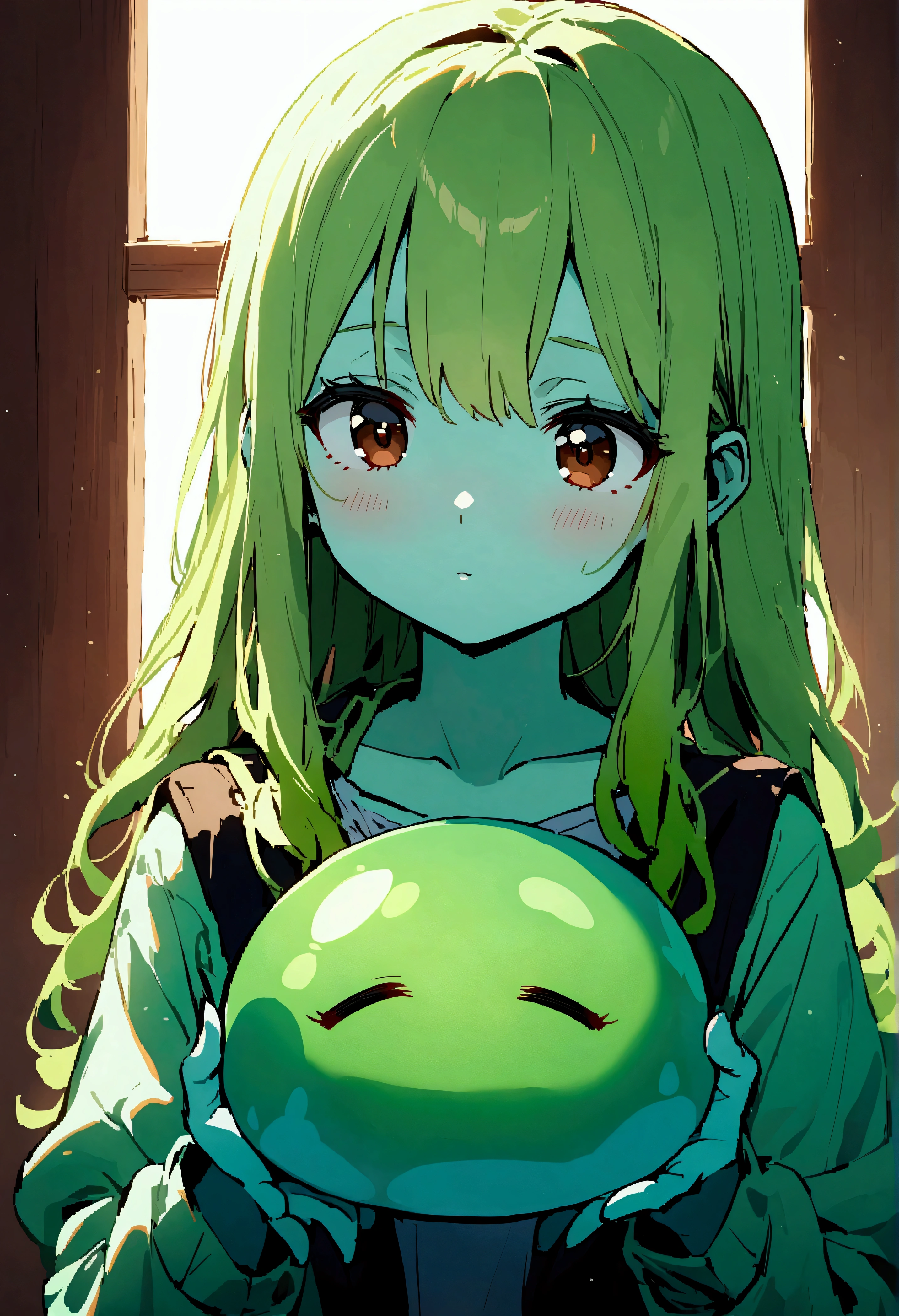 Slime green skin girl, Brown eyes, Half blue and half green hair, with clothes.
