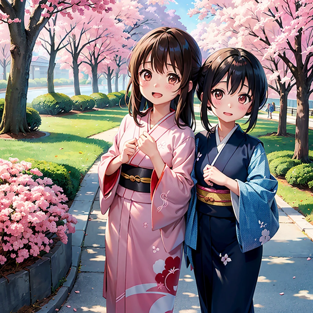 two anime girls in kimono outfits holding up a sign, a picture inspired by Narashige Koide, pixiv, conceptual art, in style of kyoto animation, two beautiful anime girls, yuruyuri, kyoto animation still, kyoani, anime!, k-on!, yuyushiki, anime girls, sao style anime, happy!!!, high quality anime movie still