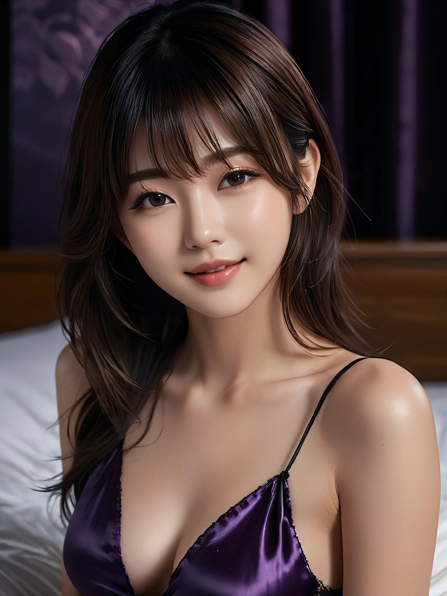 masterpiece, 1 woman per 1photo, full body shot, front view, a Japanese young pretty woman, hyper pretty face, 18 years old, shoulder length hair, sitting on a silk bed with a smile, wearing only a sleeveless silky satin deep purple chemise with black laces, busty, wet body, glossy lips, glamorous figure, silk pillow, silk bed sheets, double eyelids in both eyes, natural makeup, long eyelashes, shiny smooth light brown hair, asymmetrical bangs, fair skin, central image, 8K resolution, high detail, detailed hairstyle, detailed face, spectacular cinematic lighting, octane rendering, vibrant, hyper realistic, perfect limbs, perfect anatomy