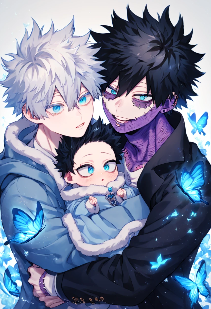 absurdres, highres, ultra detailed, HDR, master piece, best quality, extremely detailed face, delicated features, Dabi, black hair, expressive turquoise eyes, Boku No Hero Academia, Gojou Satoru, white hair, expressive blue eyes, white eyelashes, two sexy men holding a baby, handsome, yaoi, gay couple, family of three, light-blue coat with fur collar, black coat, fantasy, magical, blue fire butterflies, fire flowers, blue fire, blue flames, blue shining moon, blue flames in the background