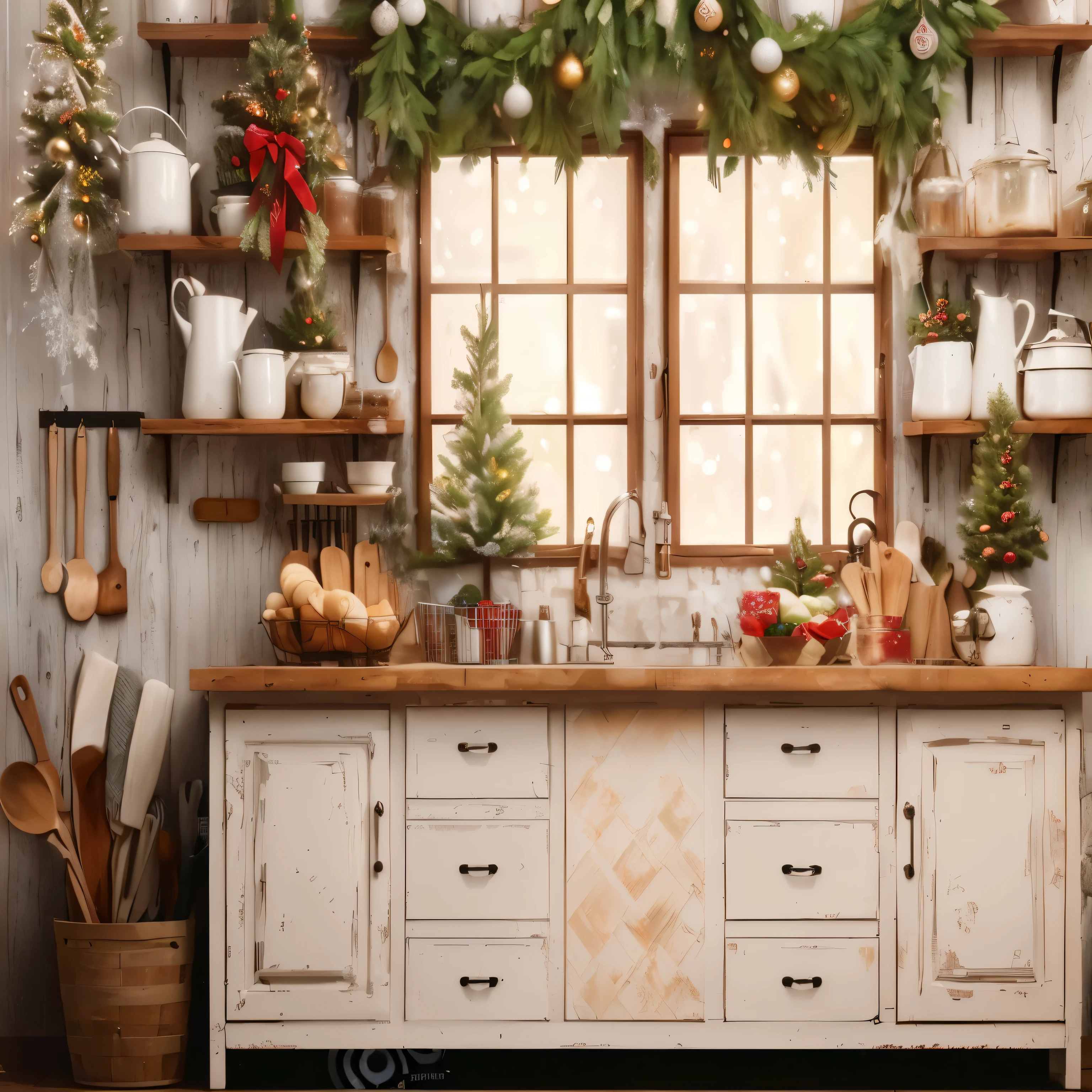 There is a kitchen,With windows,There is a lot of food on the counter, Christmas atmosphere,旧Kitchen background, 旧Kitchen background angled view, Kitchen background, Lovely kitchen, Warm home background, Vintage - W 1 0 2 4, Dream bakery interior scene, Country Style!!, Cozy cafe background, hd —h 1024, Gorgeously decorated, kitchen counter,Christmas decoration