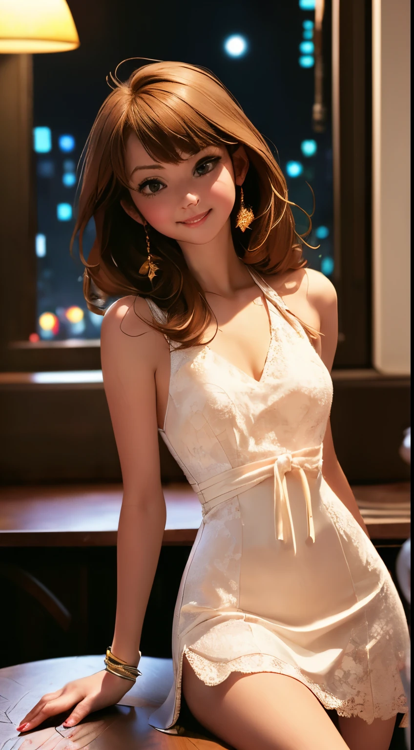 High resolution、High resolution、8k、Real Live Action、Photographing the upper body from above while kneeling、(((Tabletop:1.4, highest quality:1.4)))、White silk tiny panties、Physically Based Rendering, Portraiture, Super beautiful sexy woman, 18-year-old, small, Big eyes, Thin eyebrows, Eye highlights, half-up dark brown hair, Highly detailed face and skin texture, Sharp focus, Clear focus:1.2, Slender beauty:1.4, Slim Abs, Lip gloss, Distinctive facial features, A kind smile, Are standing、(((Sexy, sheer, tight dress made of lace.)))、Lift the dress up yourself, Expose your shoulders, No shoulder strap, Sleeveless, No arm covers, ((European cobblestone road at night:1.4)), Warm street lights、Sparkling eyes、Sparkling eyes、glossy lips, transparent lacy lingeries, correct arranged teeth