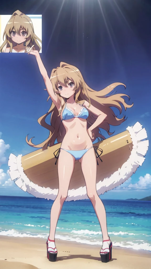 Taiga girl Aisaka 18 years old big breast in sexy thong and light blue sexy platform open high heels posing on the beach