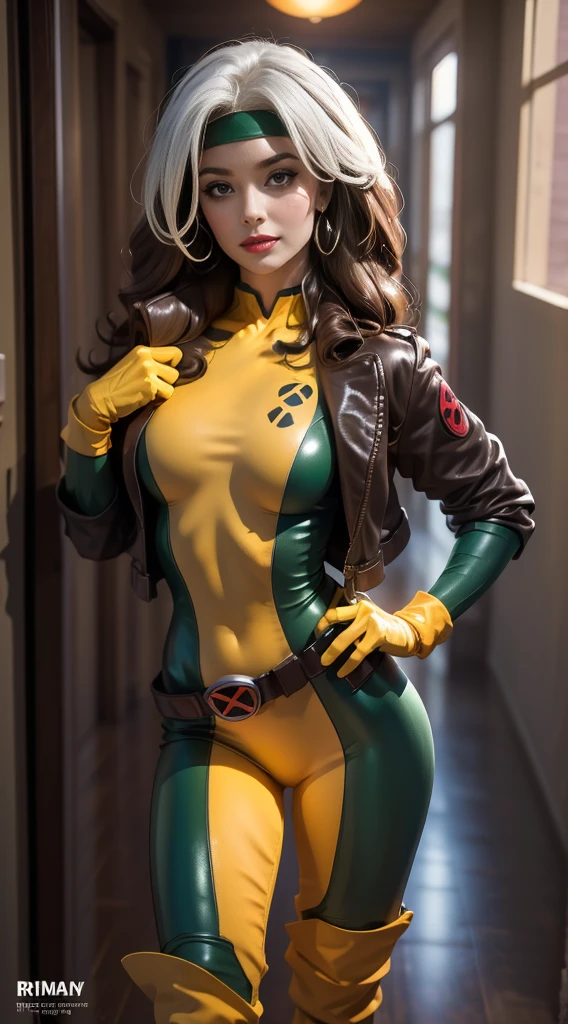 (masterpiece:1.0), (best_quality:1.2), (dark shot:1.3), Classic robber, 1991 X-Men Rogues, 1 girl, only 1, full body shot, facing the viewer, medium length hair, Brown hair, Wavy hair, one strand of white hair, green eyes, Fit figure, defiant position, hand on hip, grinning, lips parted, medium breast, headband, gloves, boots, Jacket, belt, Red lipstick, heavy makeup, Lighting from above, (Realism: 1.5), (realistic: 1.4), (absurdity:1.4), 8 K, ultra detailed, Detailed beautiful woman, very physically developed girl, (background: long dark corridor in a mansion), official art, extremely detailed CG unity 8 K wallpaper, very dark lighting, colorful, ultra high resolution, photo, 8 K, HDR, Kodak Portrait 400, granularity, blurry background, (hips:1.2), granularity:1.2, (warm shade, warm tone:1.2), (color photo), профессиональная photo