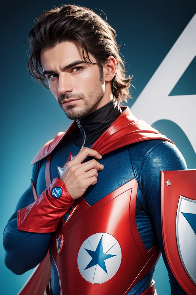 Drawing of a father dressed as a superhero, but in a unique and modern style.
Include personalized details, as a shield with the name of her daughters Marina Ayla