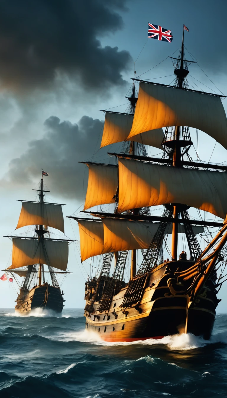 ((two ship:1.6, one pirate with skull and crossbones flag, one British with British flag, fighting among cannon fire, smoke, a huge galleon, skull and crossbones pirate insignia:1.4, smoke fire pirates at war:1.7)), ((firing cannons at British warships:1.4)), stormy ocean:1.3, cloudy sky, dramatic lighting, cinematic camera angle, highly detailed, photorealistic, 8k, award-winning digital art, oil painting, muted color palette, chiaroscuro lighting, dynamic composition, dramatic atmosphere