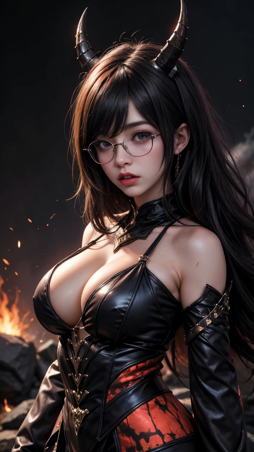background(Black Night Sky,Big Moon),Woman close up,Wearing a white shirt、((Black-rimmed glasses))、Purple Hair,Very long hair,very thick braids,Purple eyes,big , realistic girl rendering, 8k artistic german bokeh, Enchanting girl, Realistic girl, Gurwitz, Gurwitz-style artwork, Girl Roleplay, Realistic 3D style, cgstation Popular Topics,, 8kポートレートレンダリング,(truth,truth:1.4),Wear pink pajamas,巨big ,Sparkling eyes,Purple eyes、(Highest quality,4K,8k,High resolution,masterpiece:1.2),Very detailed,(Realistic,photoRealistic,photo-Realistic:1.37),Mythical monster,Beast-like creature,Muscular,Six big legs,Stand like a gorilla,Red fur covering the body,two big horns,Drill teeth,Sharp Claws,huge shape,Burning Fire Magic,Energy aura,A threatening presence,Glowing Eyes,Intimidating posture,Dark Environment,Smoke-filled air,Ominous Shadow,Majestic and fierce,Explosive power,Vibrant colors,bold,Horror art style,Moving configuration,Dramatic lighting,Rib Layer,large sharp teeth,Sharp Edges,Very detailedスケール,Burning Crack,Burning Flames,Furious look,Burning with anger,Surrounded by sparks and embers