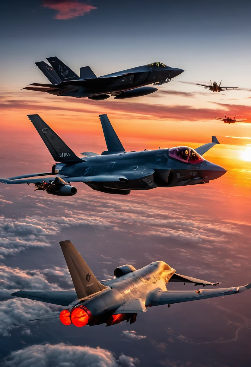 8K quality, ultra-high definition and realistic. At dusk, over Japan, an F-35A fighter jet and a KC-46A tanker are performing mid-air refueling. The setting sun illuminates the two aircraft. The clouds stained red by the setting sun are reflected in the background. The shadows are deep. Both aircraft are gray with stealth paint. The formation flight of the two aircraft connected by a refueling cable is impressive. The camera captures the scene in a cool way.
