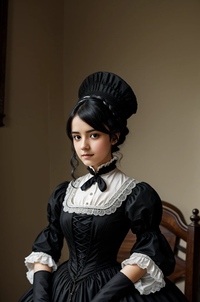 A black-haired girl dressed in a Victorian dress