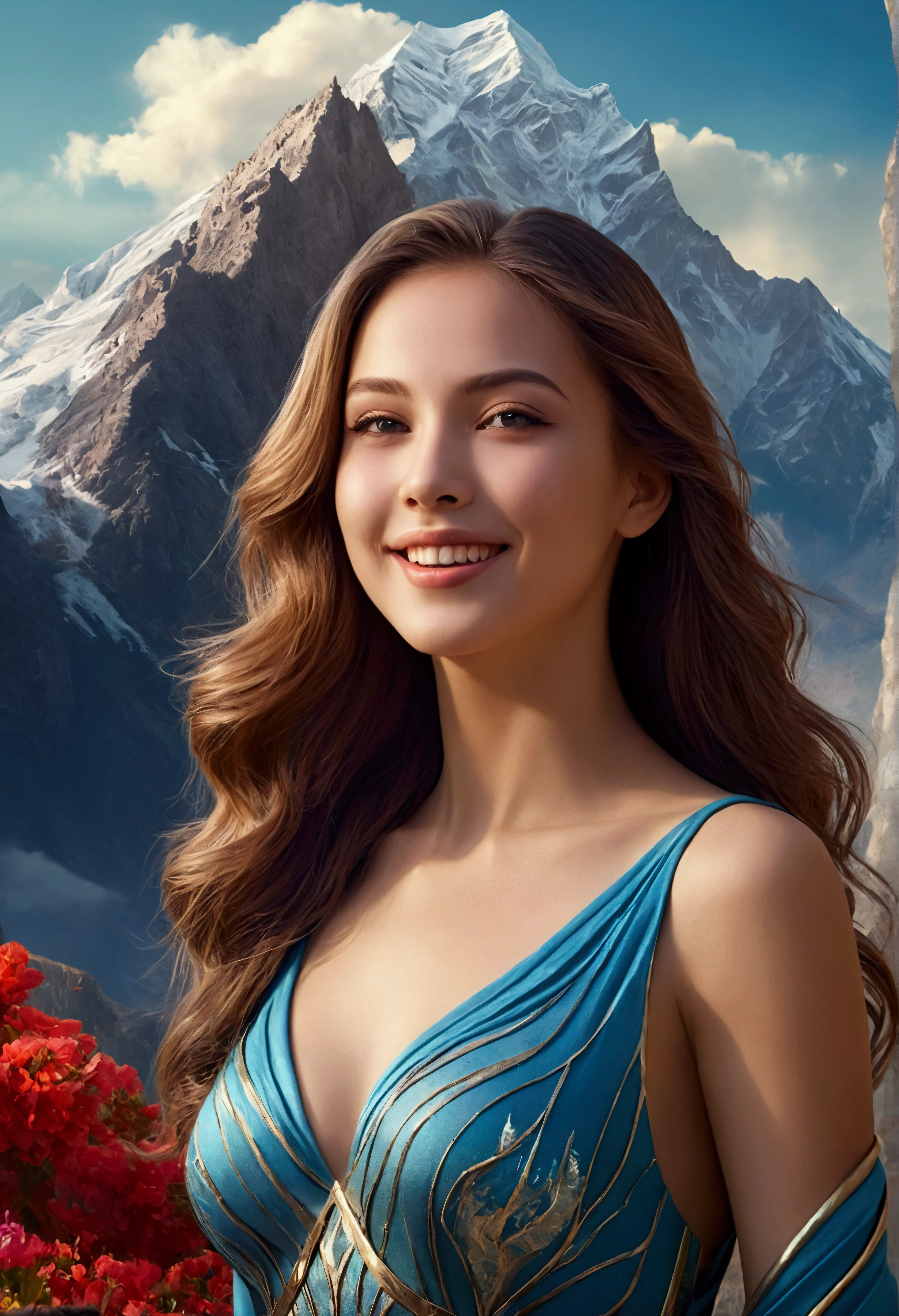 image of an extremely beautiful woman with a mountain in the background that penetrates the beautiful girl's body, charming smile, beautiful surreal fantasy art, beautiful digital art, breathtaking digital art, beautiful surreal young woman, stunning digital art, matte painting of the human mind, masterpiece, UHD, 18K