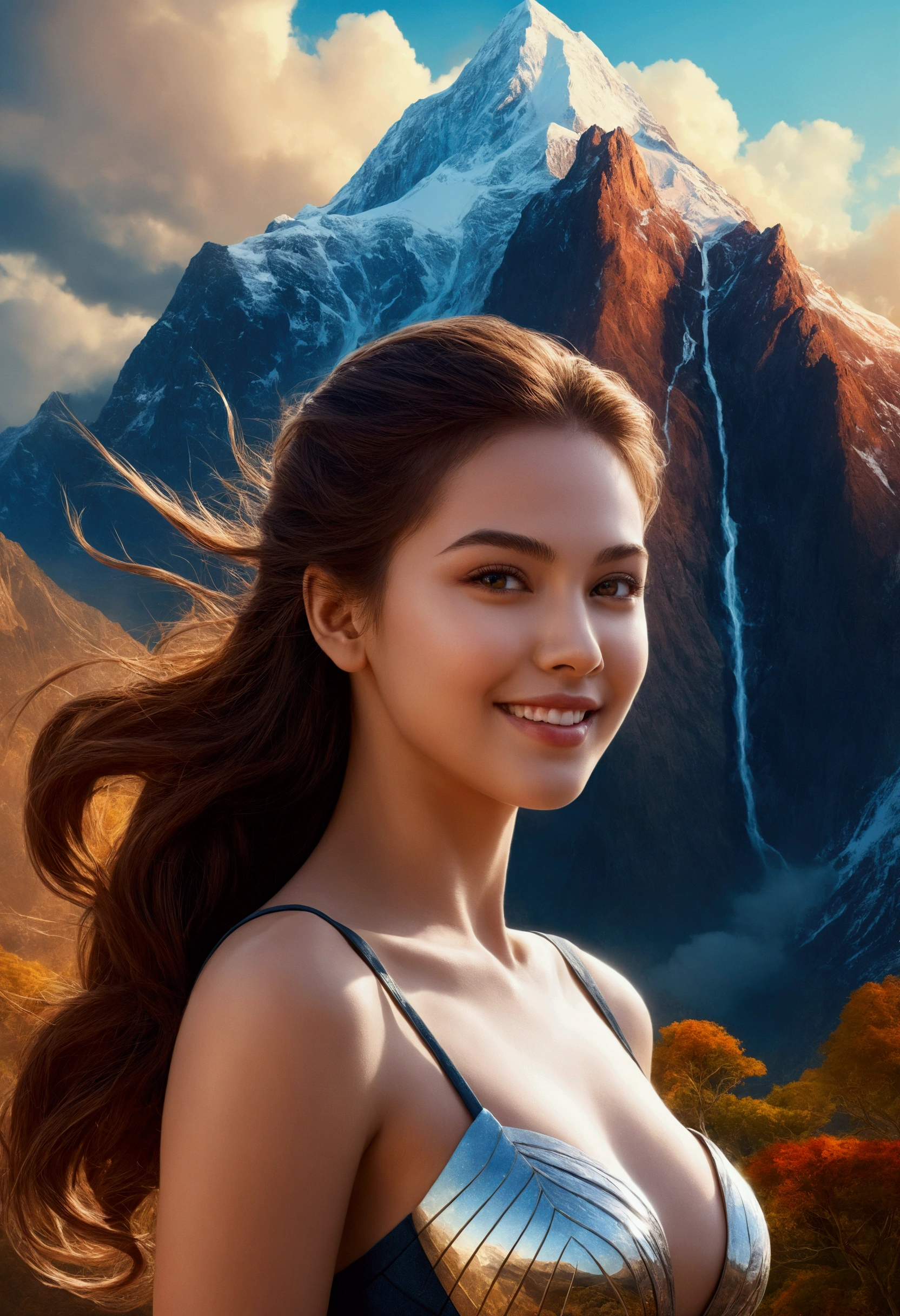 image of an extremely beautiful woman with a mountain in the background that penetrates the beautiful girl's body, charming smile, beautiful surreal fantasy art, beautiful digital art, breathtaking digital art, beautiful surreal young woman, stunning digital art, matte painting of the human mind, masterpiece, UHD, 18K