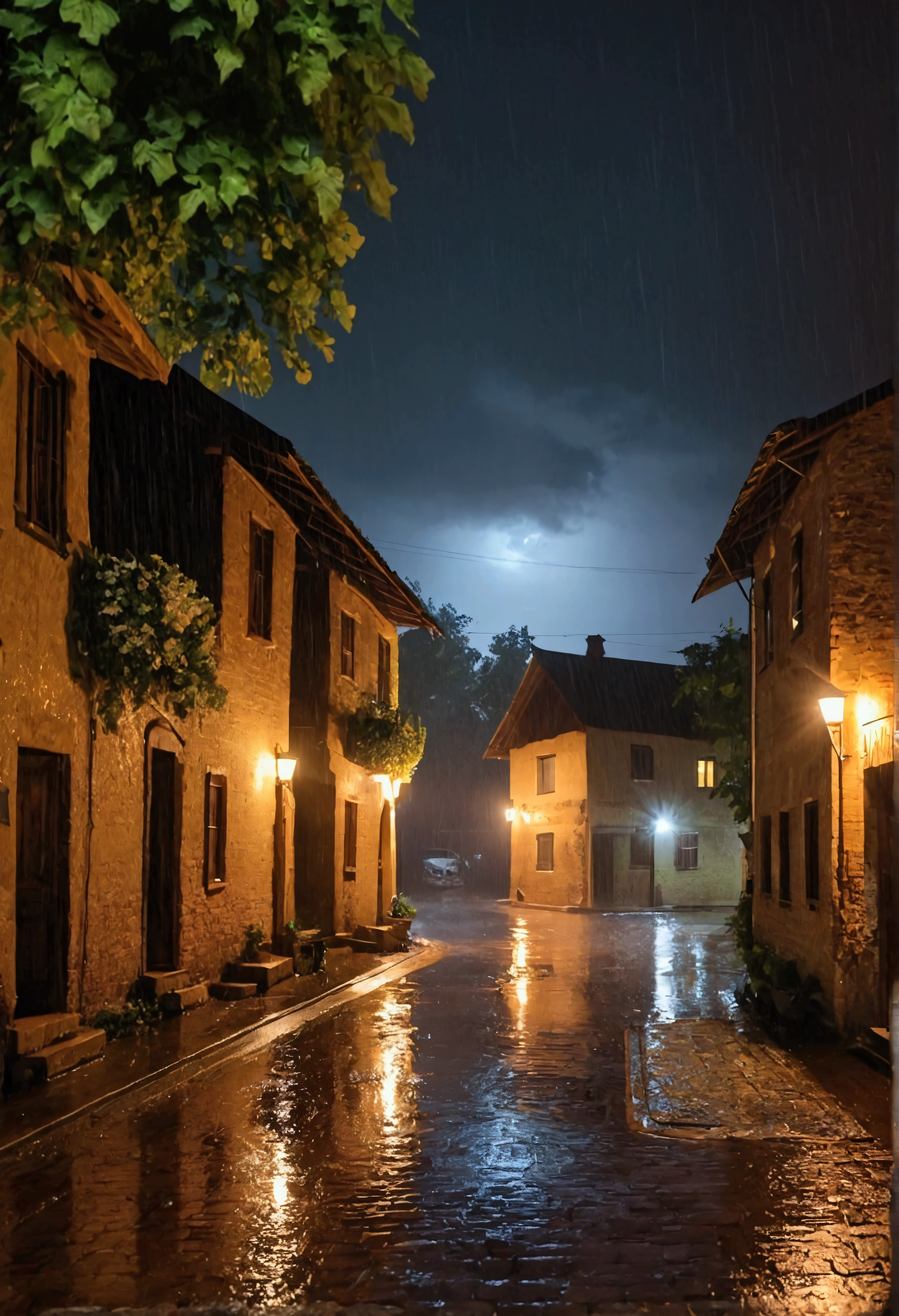 Heavy Rain in The Beautiful Village at Night 