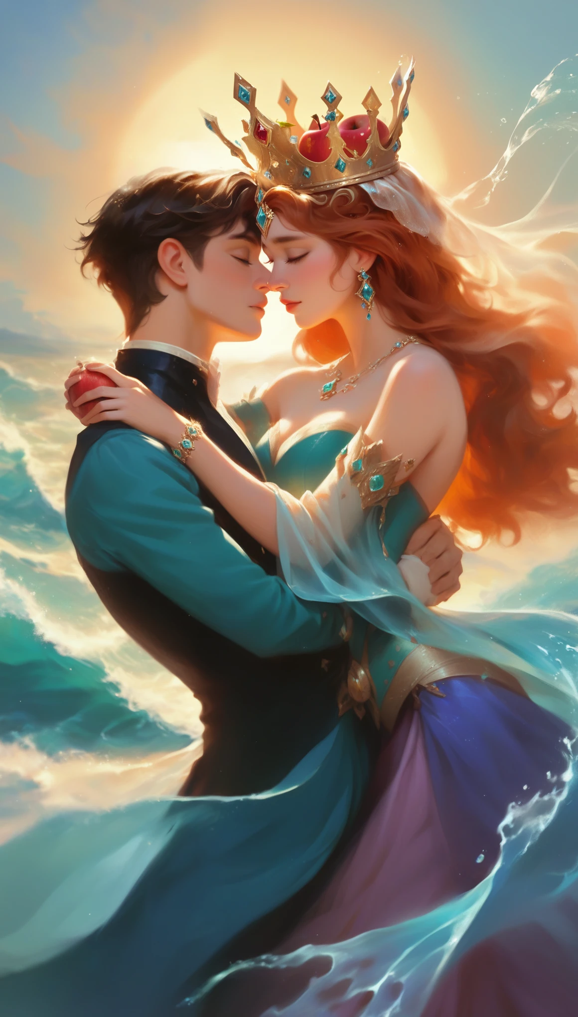 A beautiful glorious woman, 8K Ultra HD, the apple crown 8K Ultra HD, ultra-realistic, In the gentle embrace of the tranquil waters, behold a mesmerizing spectacle - the ripples dancing in perfect harmony, converging into the shape of a crown, Each droplet, like a painter's brushstroke, contributes to this exquisite masterpiece of nature's artistry, The crown-shaped pattern shimmers with a mesmerizing radiance, reflecting the sun's golden hues and the azure of the sky above, As the waves gently caress the shore, the crown's form remains fleeting, yet etched forever in the memories of those fortunate enough to witness this enchanting sight, The water's embrace creates a symbol of love and serenity, reminding us of the profound beauty and magic that nature can bestow upon us, by yukisakura, highly detailed,