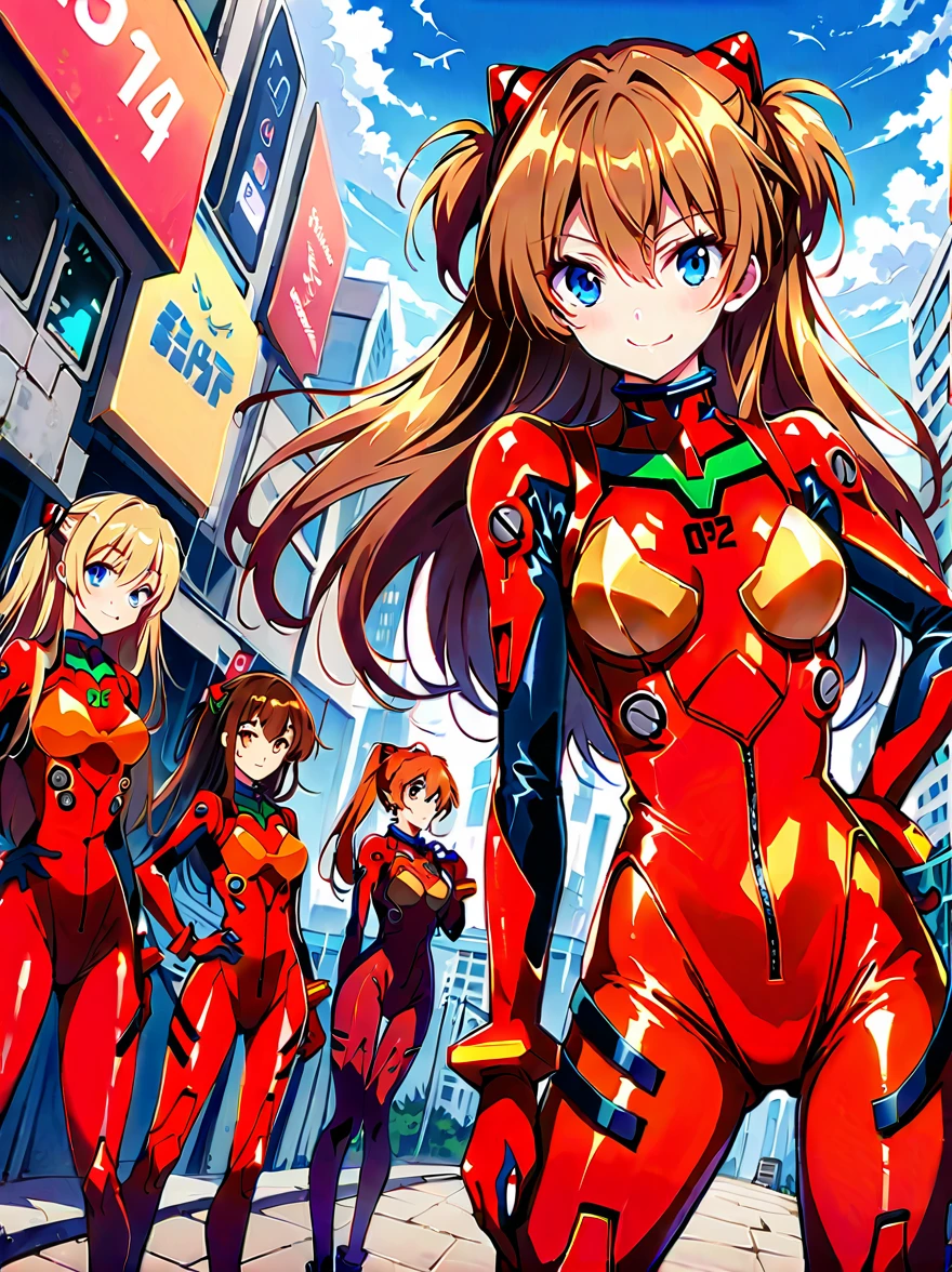 score_9, score_8_up, score_7_up, source_anime,
asukalangley, asuka langley soryu, long hair, bangs, blue eyes, brown hair, hair ornament,
bodysuit, pilot suit, plugsuit, red bodysuit, interface headset,
outdoors, cityscape, smile,
looking at viewer, dutch angle, cowboy shot,