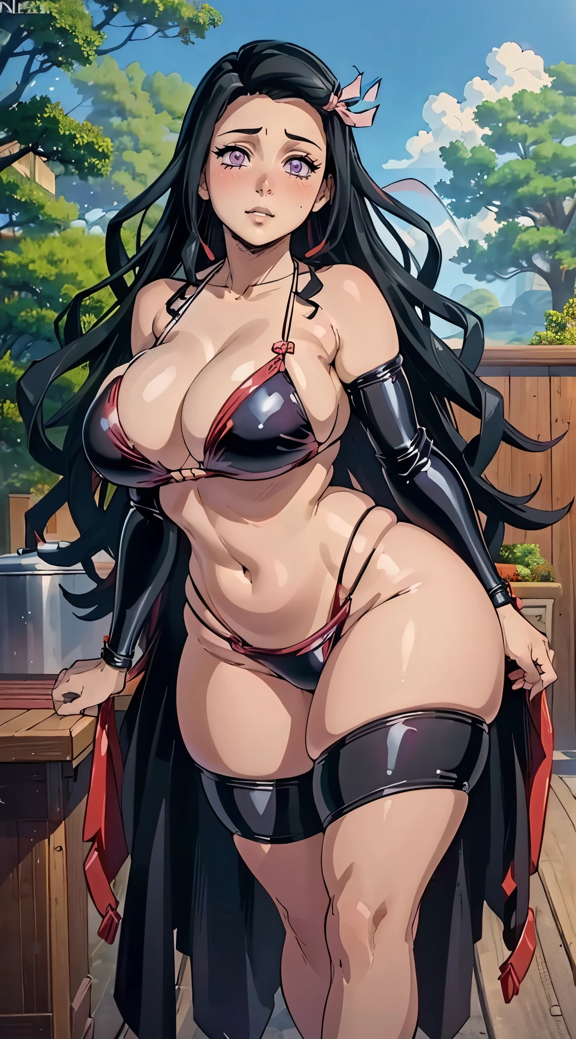 (best qualityer:1.3), (4K quality), Nezuko Kamado by Demon Slayer, ((face detailed)), ((body curvy)), (big boobies), cleaveage, sexly, ((bikini latex neckline)), ((deck))