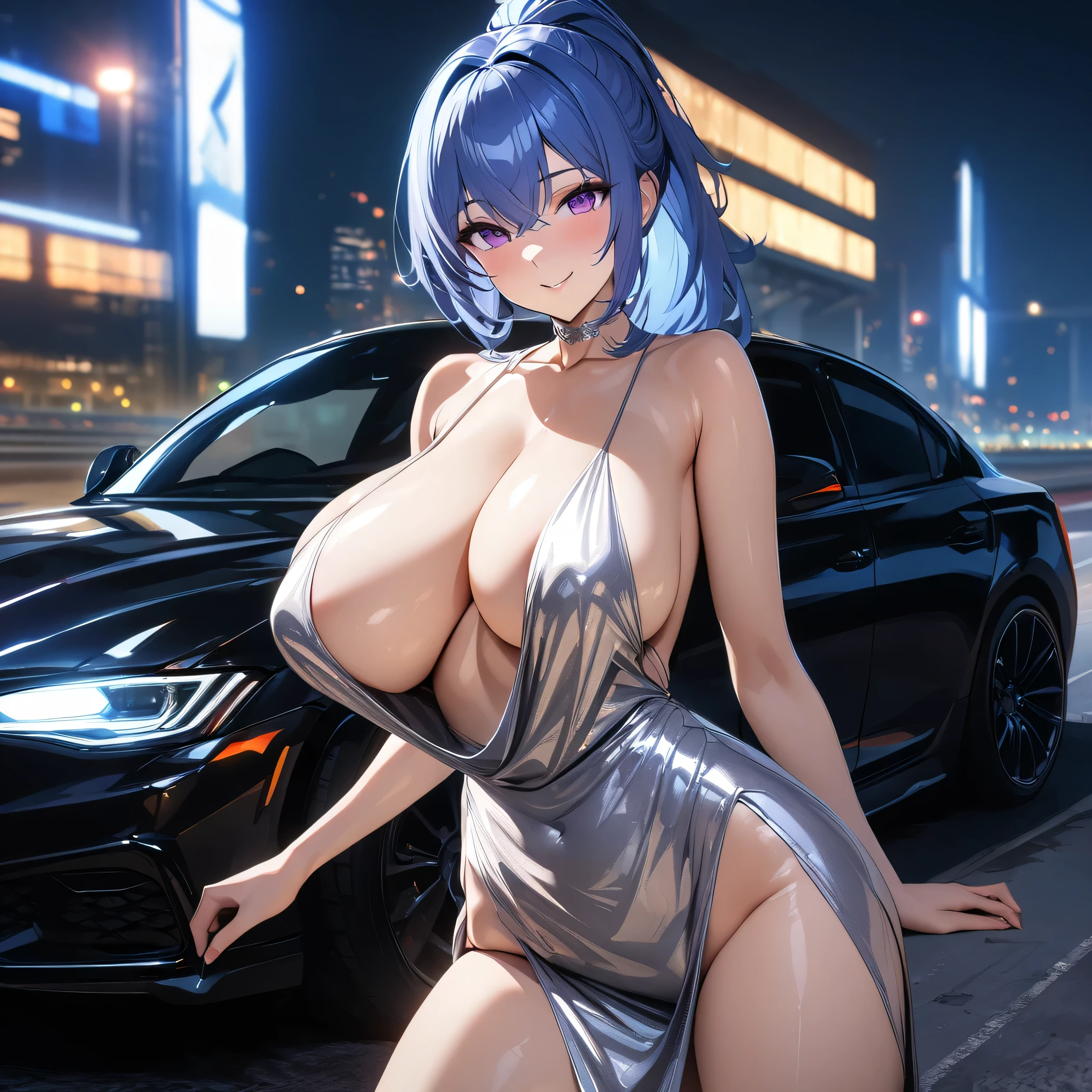 a woman wearing a silver sex dress, blue hair, ponytail hair, purple eyes, smiling, big breasts, near a well-detailed black car, on a track in a large city at night, perfect lighting,HDR, ultra resolution , very detailed, masterpiece, ultra quality, 4K HD.