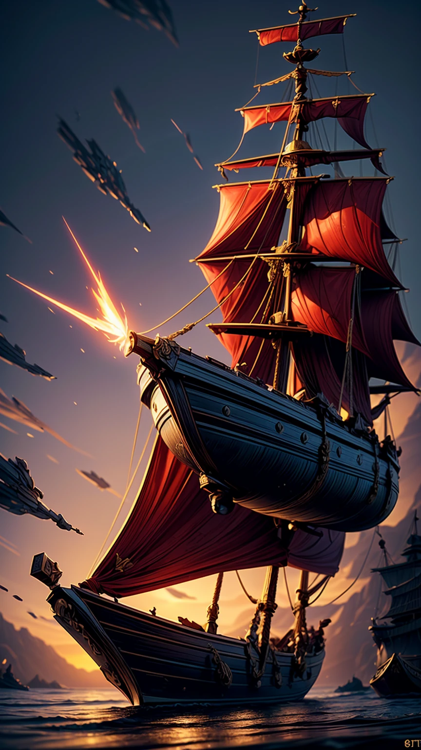 a fierce pirate battle, ships clashing on the high seas, swordsmen dueling, dramatic lighting, cinematic angles, intense action, dynamic poses, detailed textures, gritty atmosphere, vibrant colors, masterful composition, photorealistic quality, epic scale, stunning visual effects, best quality, 8k, highres, masterpiece, ultra-detailed, realistic, photorealistic, photo-realistic, HDR, UHD, studio lighting, ultra-fine painting, sharp focus, physically-based rendering, extreme detail description, professional, vivid colors, bokeh