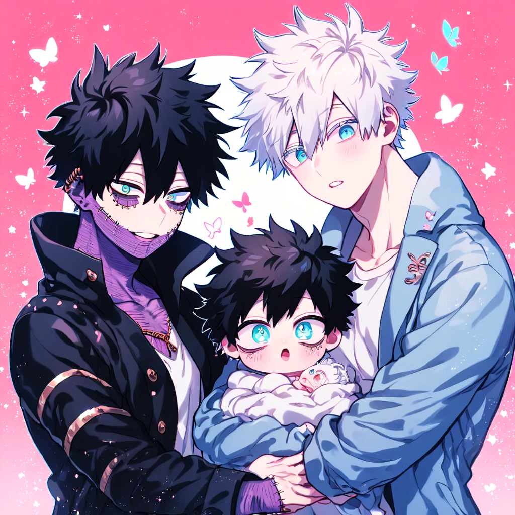 absurdres, highres, ultra detailed, HDR, master piece, best quality, extremely detailed face, delicated features, Dabi, black hair, expressive turquoise eyes, Boku No Hero Academia, Gojou Satoru, white hair, expressive blue eyes, white eyelashes, two sexy men holding a baby, handsome, yaoi, gay couple, family of three, light-blue coat with fur collar, black coat, fantasy, magical, pink butterflies, pink flowers, pink fire, pink cherry blossoms, pink shining moon, pink radiant starry sky