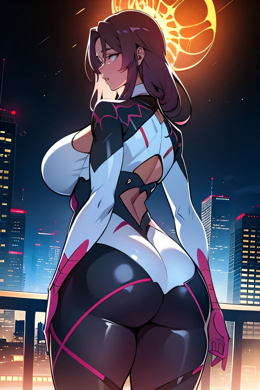 Ultra-realistic 8K CG, masterpiece, ((Very detailed background, Intricate details, Very detailed, Top quality with attention to detail, Ultra detailed face)), Huge breasts ,Beautiful lighting, absurdes, BoaHancockV2, One girl, alone, Black Hair, Long Hair, jewelry, Mouth closed, ), (Spider Gwen Costume, Curvy, Shiny clothes), Blue eyes, Complex and detailed background, outside, Standing on top of a building at night), ((Cowboy Shot)), Curvy, (Huge breasts: 1.1), Captivating smile, Cowboy Shot, Curvy ass, BIG ASS, Bubble Butt, (Sunburn :1.1) (Tan does.:1.1)
