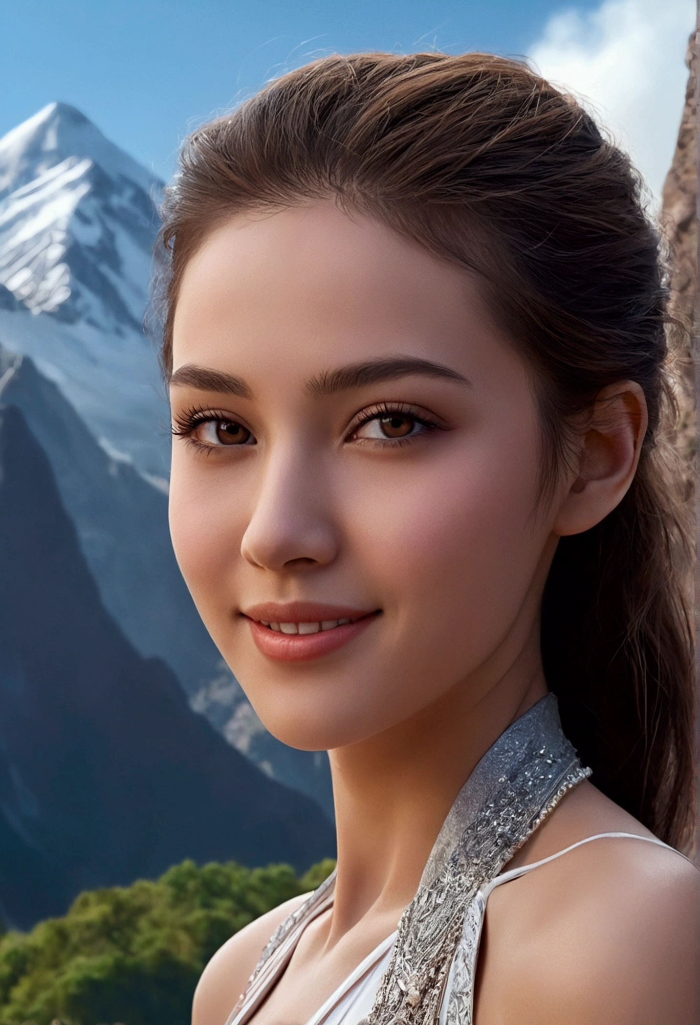 Hyper realistic faces, an extremely beautiful woman with a mountain in the background that penetrates the beautiful girl's body, charming smile, beautiful surreal fantasy art, beautiful digital art, breathtaking digital art, beautiful surreal young woman, stunning digital art, matte painting of the human mind, masterpiece, close up, super sharp, vivids, UHD, 18K
