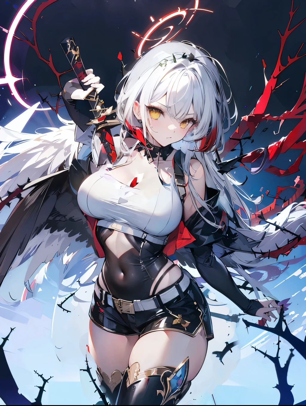 huge ahoge,white hair,yellow eyes,(((Red Taitao))),(((Red sword))),(((red shinyingsword)))
