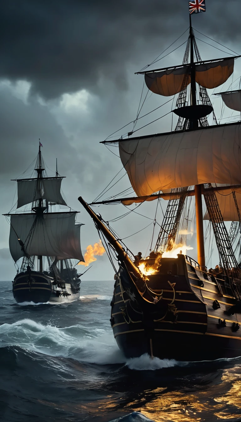 ((two ships:1.6, one pirate ship with skull and crossbones flag, one British ship with burning British flag, fighting among cannon fire, smoke, a huge galleon, skull and crossbones pirate insignia:1.4, smoke fire pirates at war:1.7)), ((firing cannons at British warships:1.4)), stormy ocean:1.3, cloudy sky, dramatic lighting, cinematic camera angle, highly detailed, photorealistic, 8k, award-winning digital art, oil painting, muted color palette, chiaroscuro lighting, dynamic composition, dramatic atmosphere