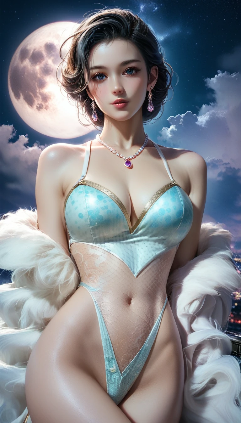 score_9, score_8_superior, score_7_superior, A masterpiece in 32K resolution,Highest quality,it is really amazing,Very detailed,Ultra-high resolution,(Ultra-realistic:1.5),(Realistic:1.5),Increased depth of field,Cinematic lighting,
Elegant Japanese MILF,
Long black hair,Ultra-detailed and beautiful face,(Gentle expression:1.1),Translucent white skin,(Realistic skin texture:1.3),
(Sexy Swimwear:1.1),
Bold design,Artistic design,Beautiful and detailed pattern,Detailed fabric texture,
Gorgeous necklace,Earrings,
Coastline at night,(Giant Moon:1.1),(Dark clouds floating in the dark night sky:1.1),
(Dramatic Angle:1.2),