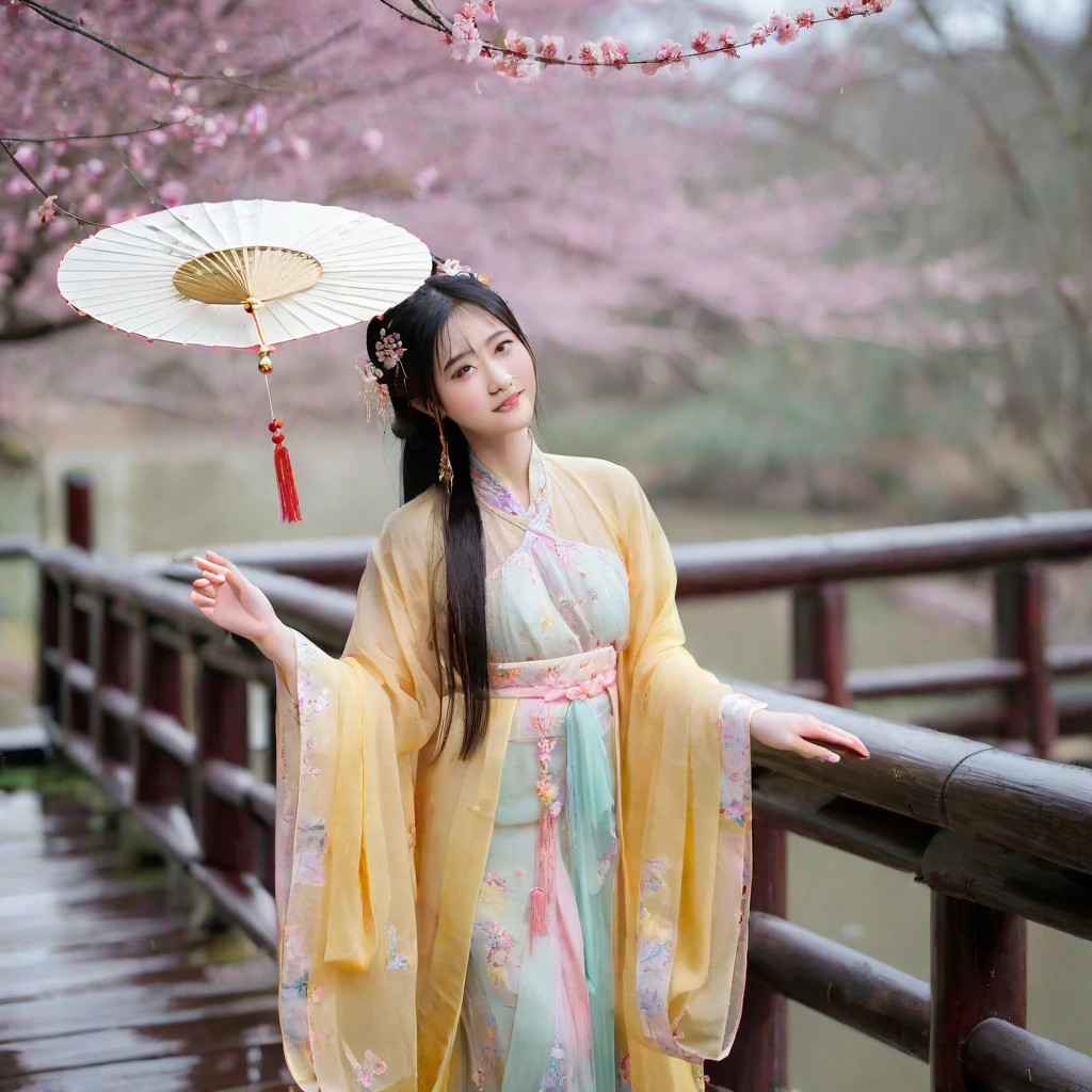 Editorial photography of a innocent beautiful charming young Chinese woman 24 years old, adorned in an elegant traditional Asian dress, detailed beautiful hazel eyes and face's skin, stands gracefully on a wooden bridge. She holds a delicate fan in her hands, its golden design complementing the pastel colors of her flowing attire. Cherry blossoms rain down around her, creating a serene and enchanting springtime atmosphere. Her gentle smile and realistic quality of the scene