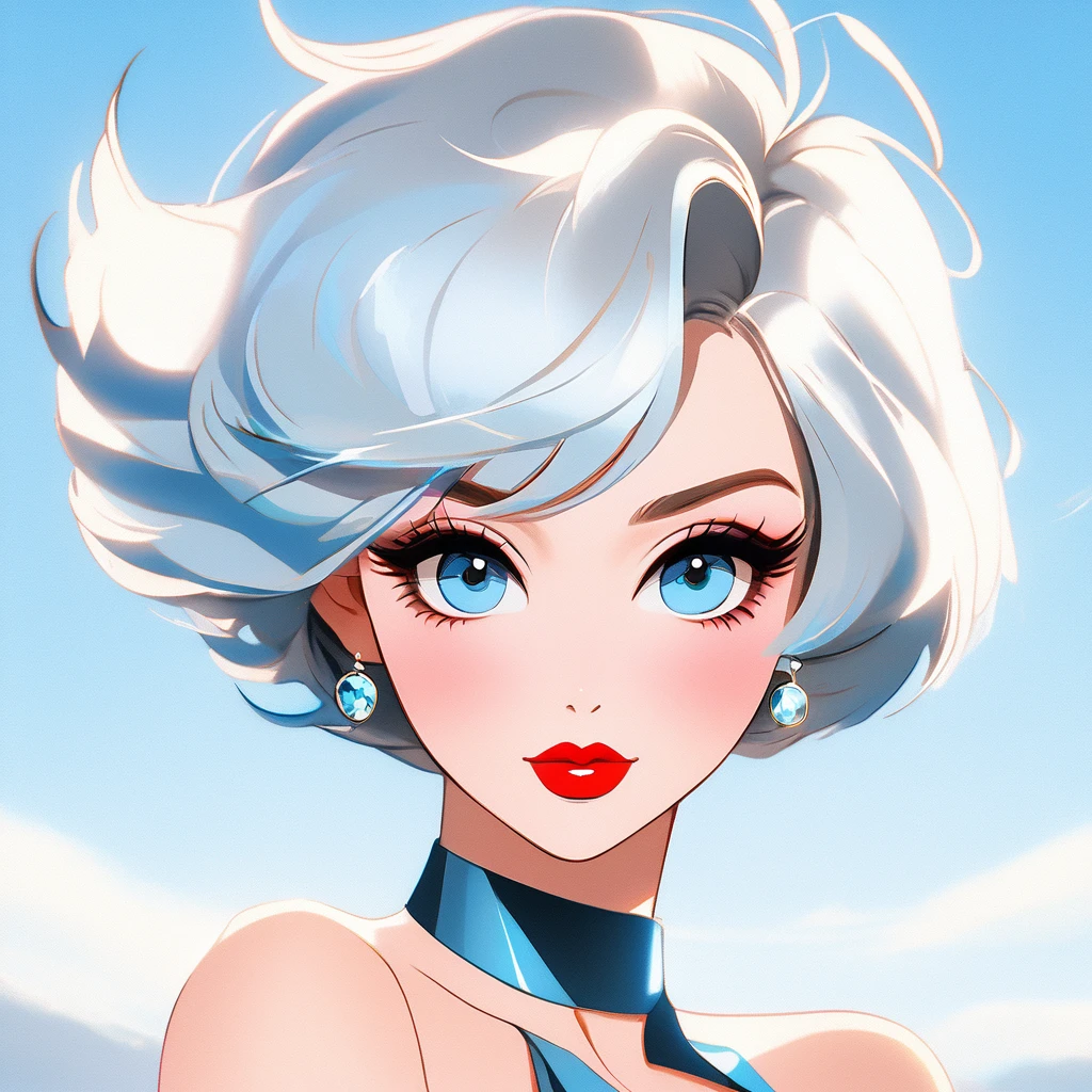 Best quality, Pastel theme, Beautiful face and skin, (1 adult female), Cleavage, Thin face, Short hair, Windblown, Silver hair, (Glossy red lips tightly closed), Blue topaz eyes, Slanted eyes, Model pose, Full body, Wide angle, Detailed pattern, Nude, Choker,