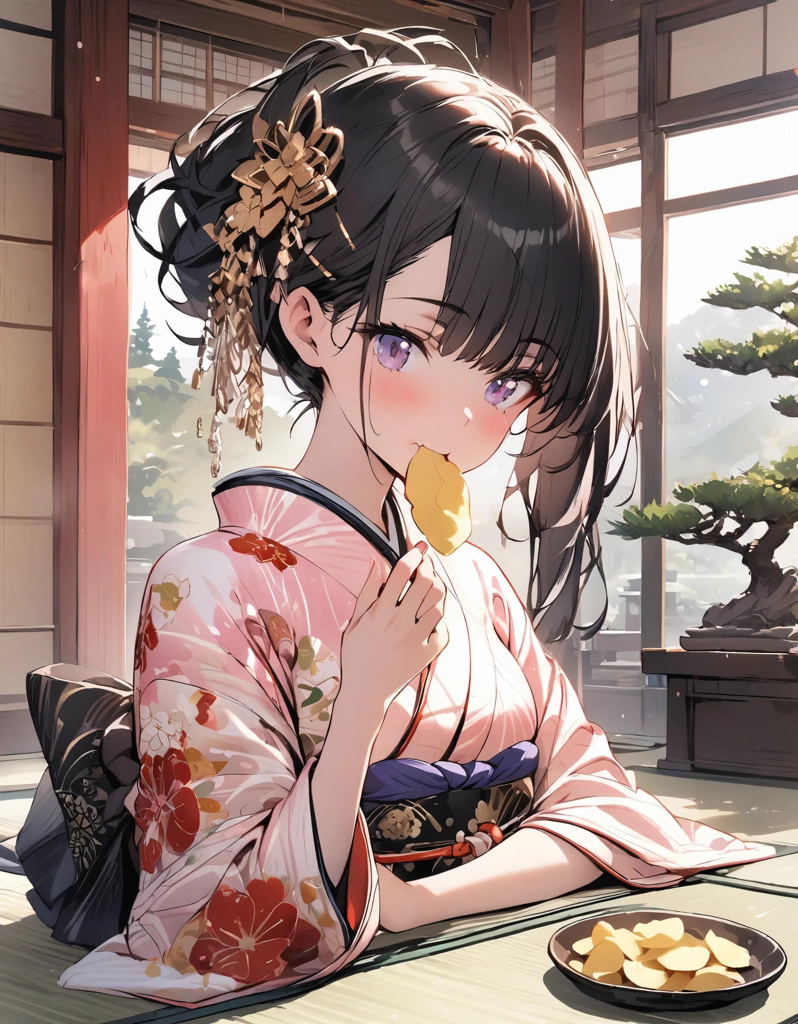 Masterpiece, one girl,Black hair, ((( eating potato chips))), luxurious kimono, tied hair, beautiful hair ornament, Japanese room, tatami, bonsai,Upper body, Sunny day