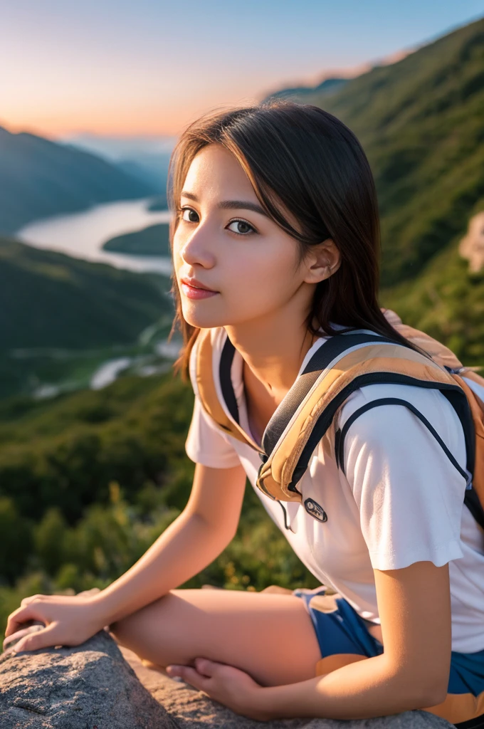 (Highest quality, Ultra-realistic photos), Majestic Mountain, sea of clouds, Woman watching the sunset, Selfie, ((Upper Body)), White T-shirt, Trekking shorts, Trekking boots, rucksack, (Very delicate face, 超Beauty、Very delicate eyes, Very elaborate nose, Highly detailed mouth, Highly detailed facial features), Beauty, 22 years old、((Normal))、(((Beautiful feet)))