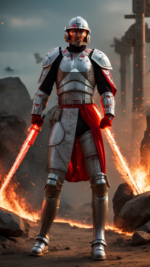 Sci fi, Cyberpunk, roman legionary, flaming sword, white armor, enclosed body armor, roman segmentada, red cape, high winds, burning battle field, pointing off into the distance, face plate, under suit, iconic roman helmet, toga,