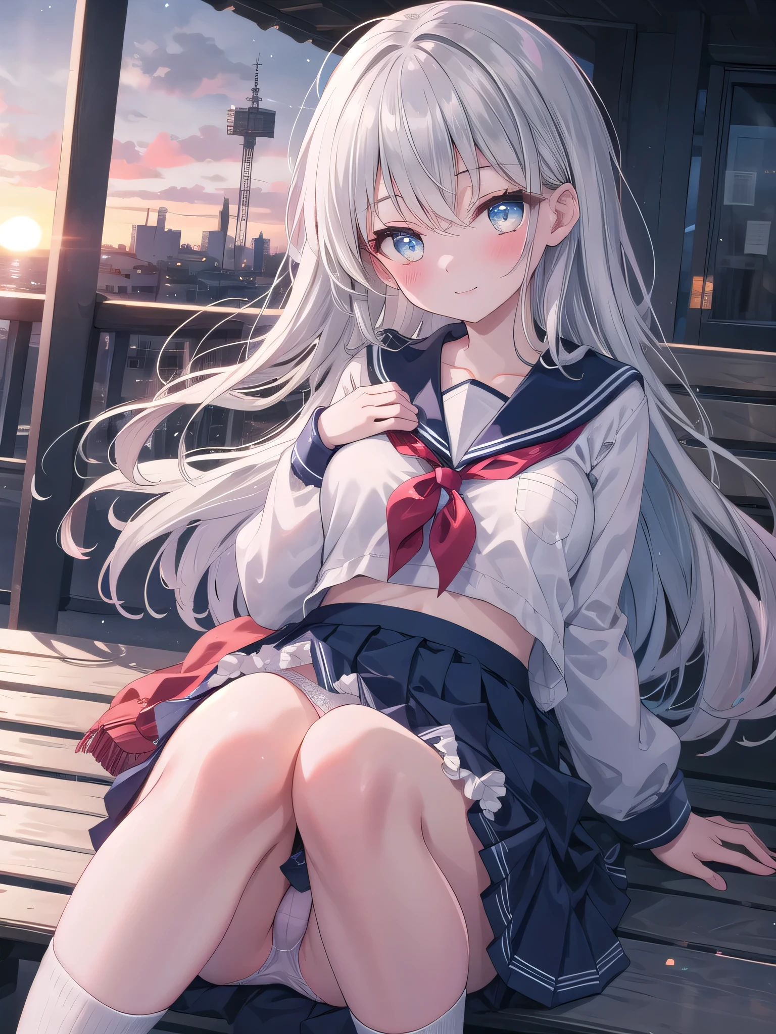 (8K, Highest Quality, Masterpiece:1.3)), Ultra High Resolution, (1 Girl, 1 Person), (Color Changing Eyes, Super Detailed, Expressive Shine, Sparkling, Glowing Eyes), Highly Detailed Eyes, Highly Detailed Face, Random Hair, (Silver Gray Color), "A Woman in an Exposed Sailor Suit." The background is the rooftop of a school, with the sky spreading out and fences and benches. After school, the light of the setting sun softly illuminates the woman's figure. The woman is lying on her back with her silver hair spread out. She is wearing a white and navy sailor suit with a large opening at the chest. The sailor suit's chest is exposed and emphasized, and a cute pale pink bra is visible underneath. The bra has a frill and ribbon design. The skirt of the sailor suit is slightly lifted, and the skirt above the knees is fluttering in the wind. Her panties are exposed. Her expression is a relaxed smile with a slight blush. The warm light of the setting sun softly illuminates her skin, adding a mysterious glow to her overall expression.