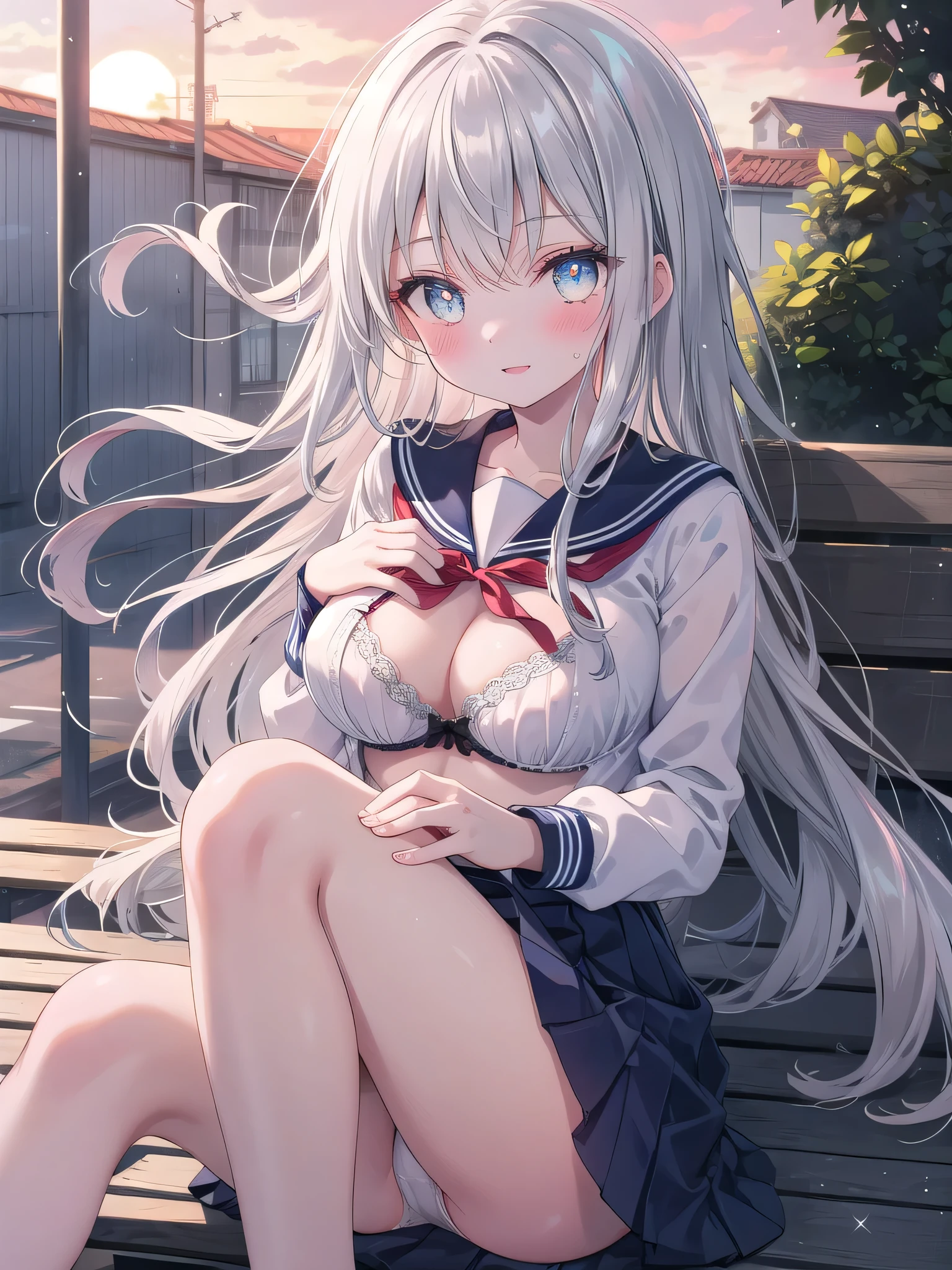 (8K, Highest Quality, Masterpiece:1.3)), Ultra High Resolution, (1 Girl, 1 Person), (Color Changing Eyes, Super Detailed, Expressive Shine, Sparkling, Glowing Eyes), Highly Detailed Eyes, Highly Detailed Face, Random Hair, (Silver Gray Color), "A Woman in an Exposed Sailor Suit." The background is the rooftop of a school, with the sky spreading out and fences and benches. After school, the light of the setting sun softly illuminates the woman's figure. The woman is lying on her back with her silver hair spread out. She is wearing a white and navy sailor suit with a large opening at the chest. The sailor suit's chest is exposed and emphasized, and a cute pale pink bra is visible underneath. The bra has a frill and ribbon design. The skirt of the sailor suit is slightly lifted, and the skirt above the knees is fluttering in the wind. Her panties are exposed. Her expression is a relaxed smile with a slight blush. The warm light of the setting sun softly illuminates her skin, adding a mysterious glow to her overall expression.