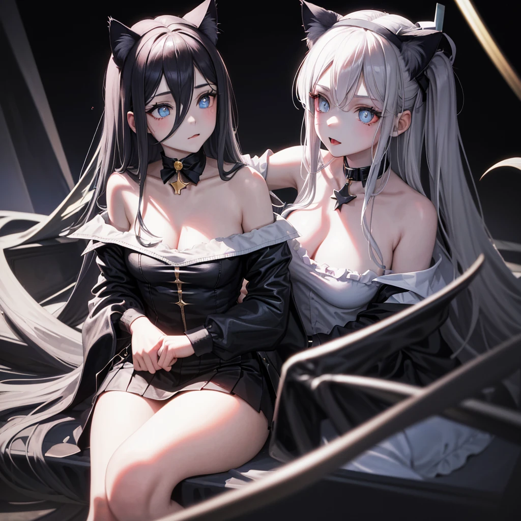 (masterpiece, best quality), ((1 Girl, (Mature female) Long hair), (Star-shaped pupil, +_+, Symbol-shaped pupil, Bright Eyes), (Cat ears, Open your mouth)), (Looking at the audience, A faint smile, Off-shoulder), (Abstract, Multicolored background, Abstract background, Chromatic Aberration), vampire, Blood on the face, Blood stains on clothes, Bat Wings