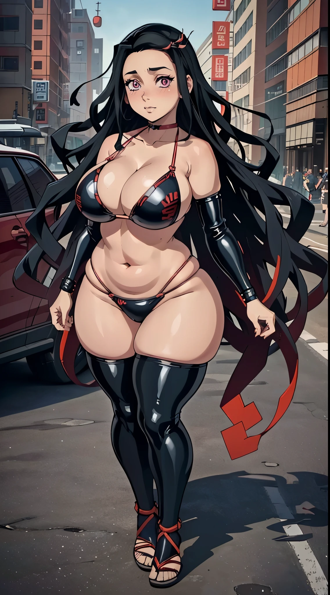 (best quality:1.3), (4K quality), Nezuko Kamado by demon slayer, ((detailed face)), ((curvy body)), (big boobs), sexy, ((cleavage latex bikini)), ((city)), ((full body view)), ((head to toe full view))