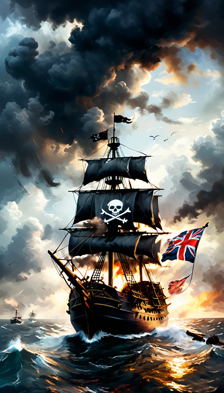 ((two ship:1.6, one pirate ship with skull and crossbones flag:1.5 in foreground, another British ship with burning British flag, fighting among cannon fire, smoke, a huge galleon, skull and crossbones pirate insignia:1.4, smoke fire pirates at war:1.7)), ((firing cannons at British warships:1.4)), stormy ocean:1.3, cloudy sky, dramatic lighting, cinematic camera angle, highly detailed, photorealistic, 8k, award-winning digital art, oil painting, muted color palette, chiaroscuro lighting, dynamic composition, dramatic atmosphere