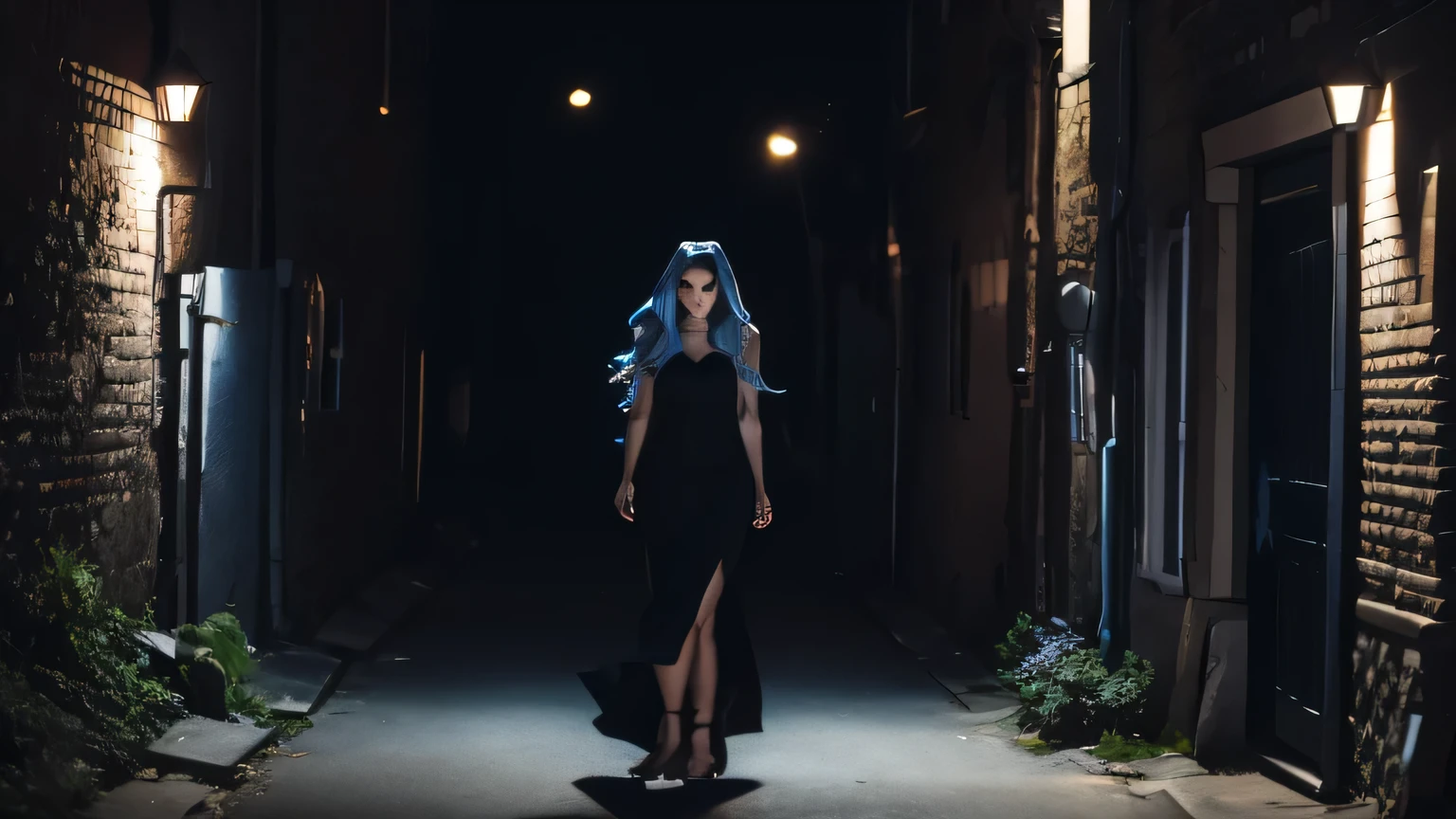 woman, pkmnKaren, karen, long hair, curly hair, wavy hair, very voluminous hair, blue hair, light eyes, blue eyes, wearing black dress, black dress sleeveless. woman with a serious look. woman standing in front of the open door. woman in an alley, dark alley, alley, brick walls, brick, dangerous alley, dark place, dark, night, midnight. open metal door. dark silver metal door open, door open, door opened, the door is open.