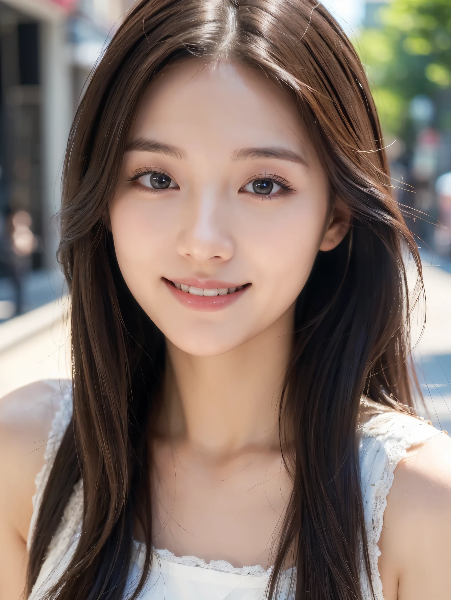 ((best quality, 8k, masterpiece :1.3)), 1 girl, smiling, whole body, face slimming, pretty Woman, (Dark brown long hair), full length white short dress :1.1, Super detailed faces, delicate eyes, double eyelids, Normal chest, blurred background, face slimming, City, external, street, Random body orientation,