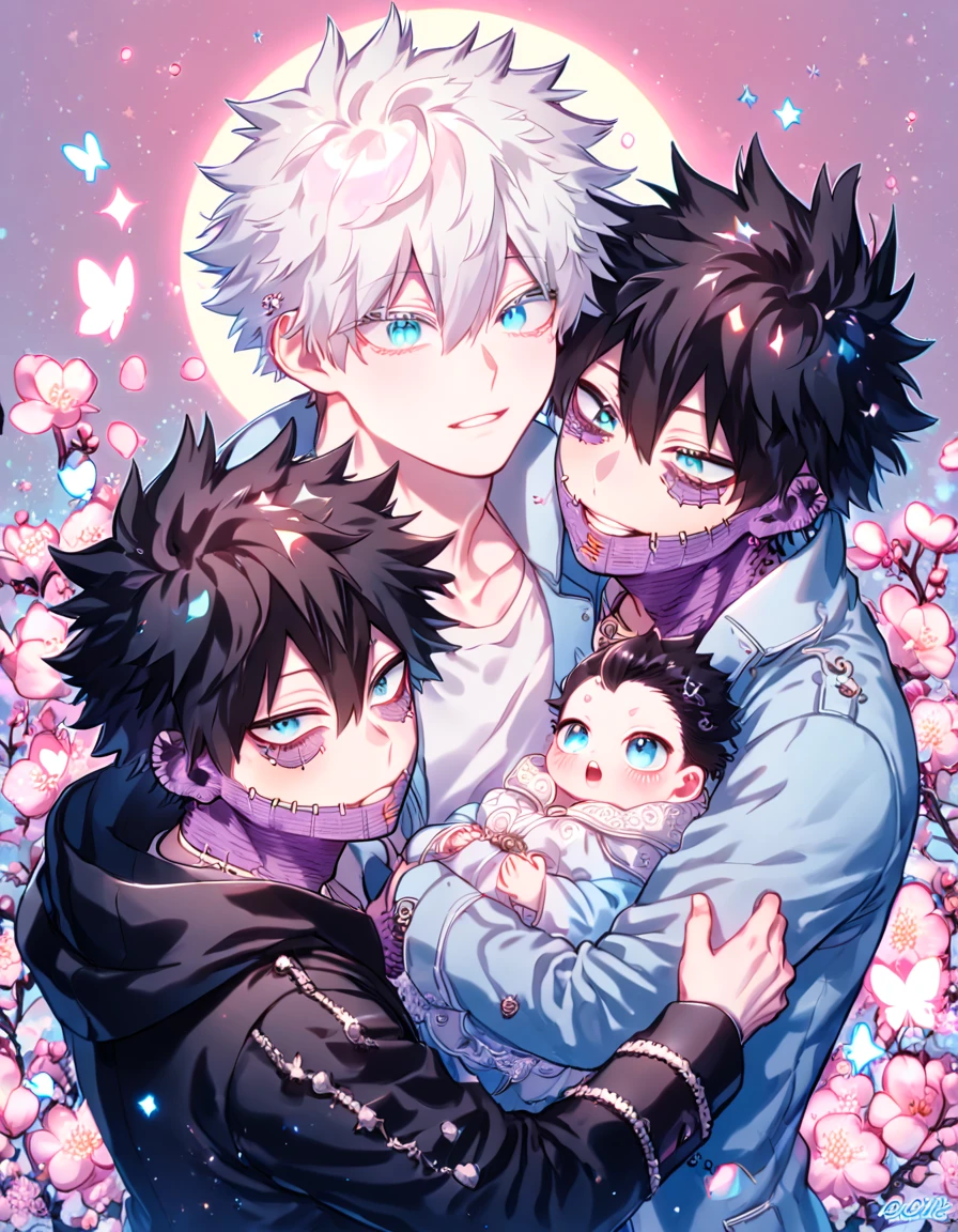 absurdres, highres, ultra detailed, HDR, master piece, best quality, extremely detailed face, delicated features, Dabi, black hair, expressive turquoise eyes, Boku No Hero Academia, Gojou Satoru, white hair, expressive blue eyes, white eyelashes, two sexy men holding a baby, handsome, yaoi, gay couple, family of three, light-blue coat with fur collar, black coat, fantasy, magical, pink butterflies, pink flowers, pink fire, pink cherry blossoms, pink shining moon, pink radiant starry sky